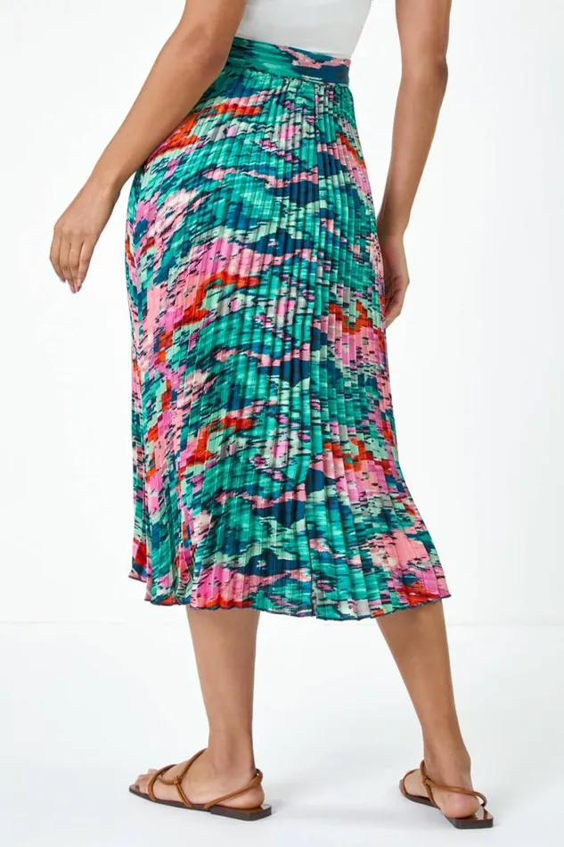 Women Green Abstract Belt Detail Pleated Midi Skirt Roman Skirts