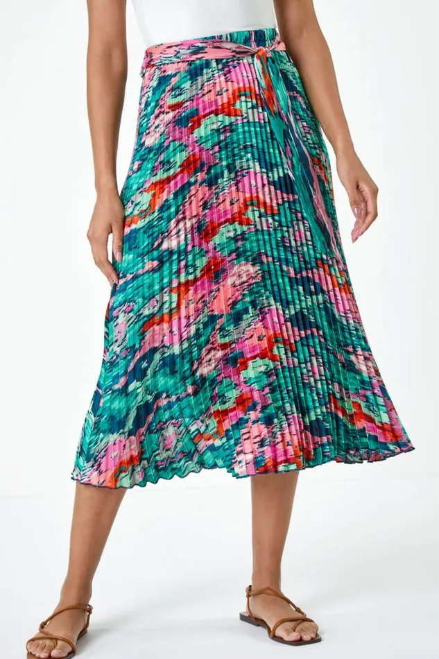 Women Green Abstract Belt Detail Pleated Midi Skirt Roman Skirts