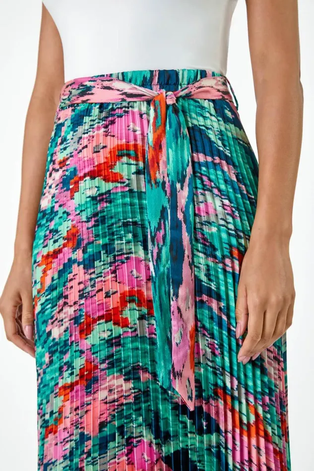 Women Green Abstract Belt Detail Pleated Midi Skirt Roman Skirts