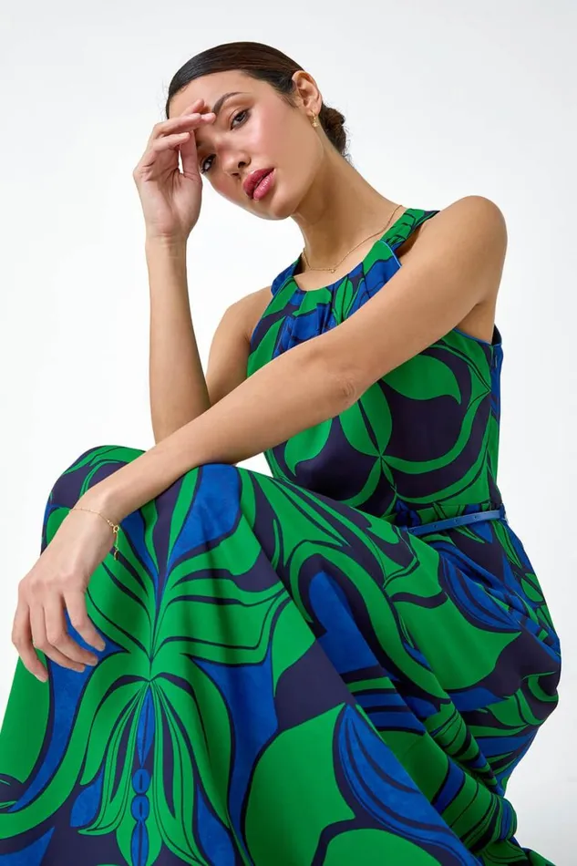 Women Green Abstract Print Halter Neck Maxi Dress Roman Dresses