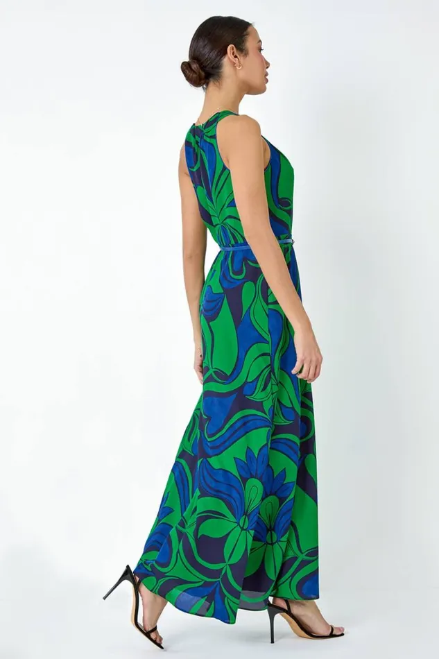 Women Green Abstract Print Halter Neck Maxi Dress Roman Dresses