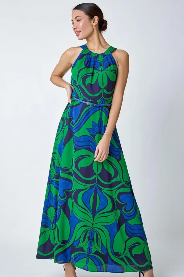 Women Green Abstract Print Halter Neck Maxi Dress Roman Dresses