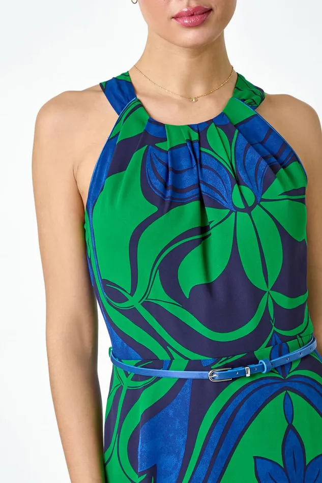 Women Green Abstract Print Halter Neck Maxi Dress Roman Dresses