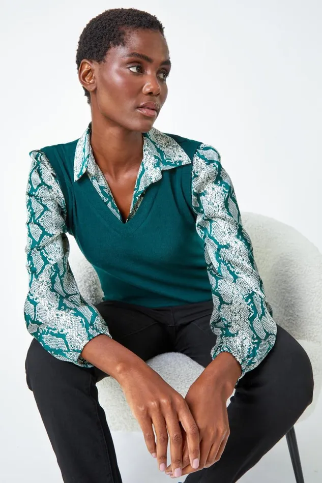Women Green Animal Print 2 In 1 Jumper Shirt Roman Tops