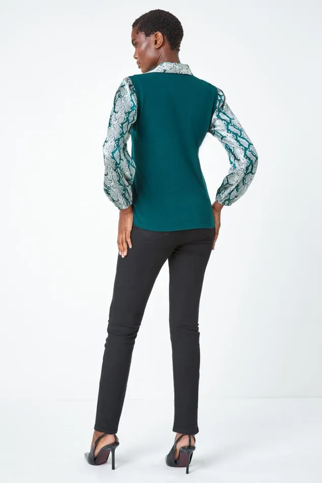 Women Green Animal Print 2 In 1 Jumper Shirt Roman Tops