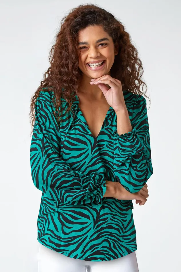 Women Green Animal Print Tie Neck Stretch Top Roman Tops