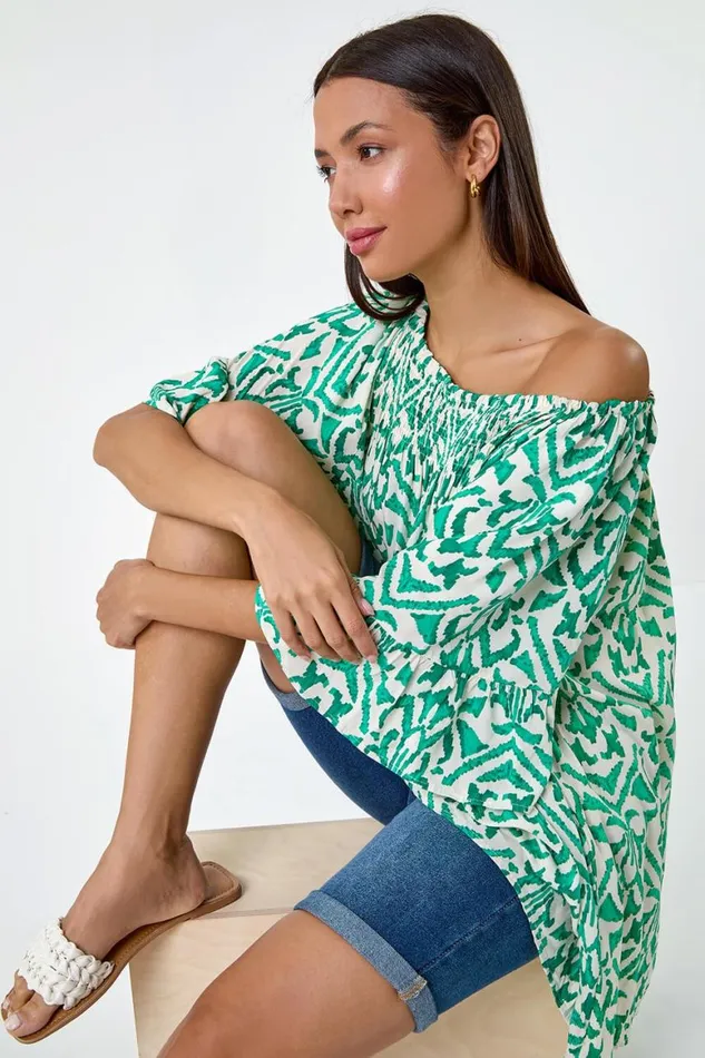 Women Green Aztec Print Shirred Stretch Bardot Top Roman Tops