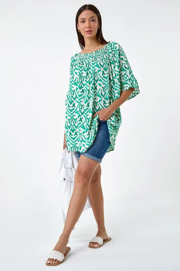 Women Green Aztec Print Shirred Stretch Bardot Top Roman Tops