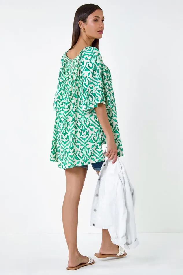 Women Green Aztec Print Shirred Stretch Bardot Top Roman Tops