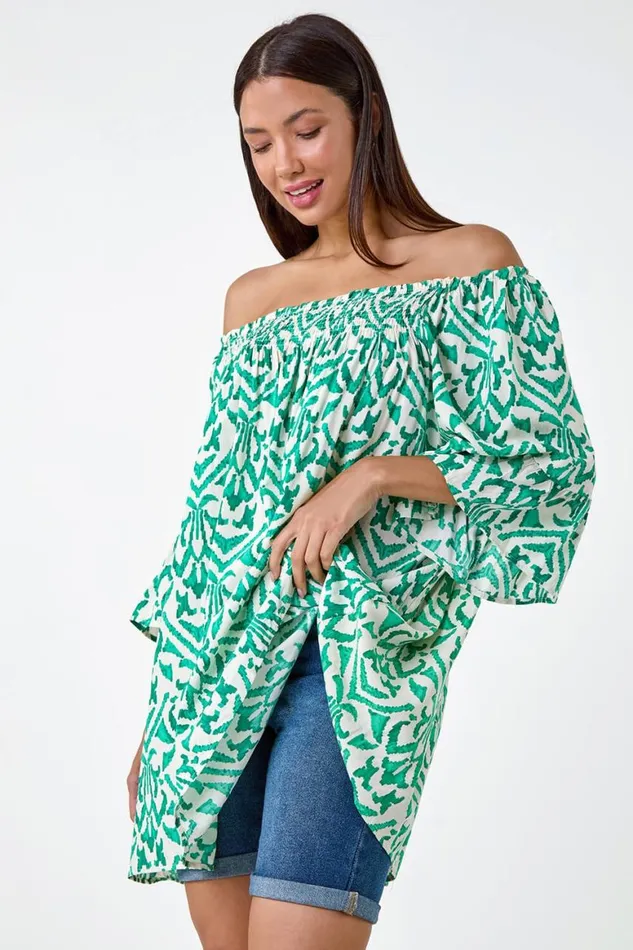 Women Green Aztec Print Shirred Stretch Bardot Top Roman Tops
