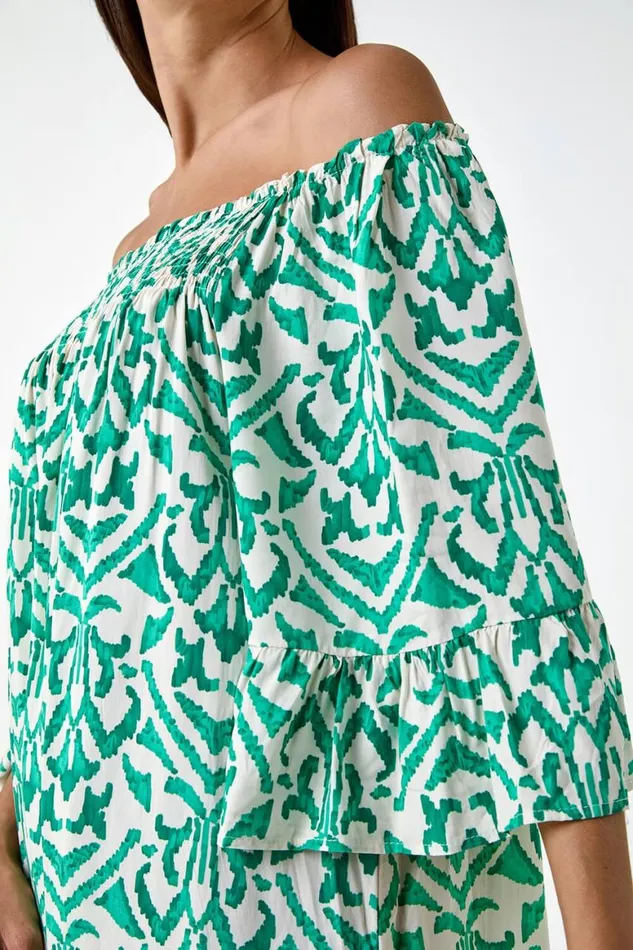 Women Green Aztec Print Shirred Stretch Bardot Top Roman Tops