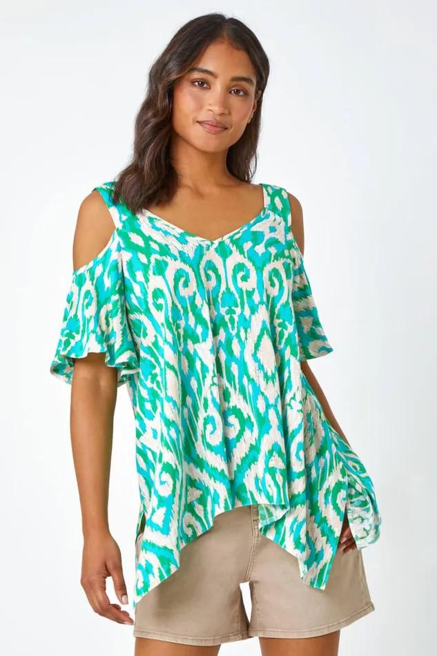 Women Green Aztec VNeck Cold Shoulder Hanky Hem Top Roman Tops