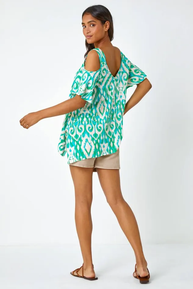 Women Green Aztec VNeck Cold Shoulder Hanky Hem Top Roman Tops