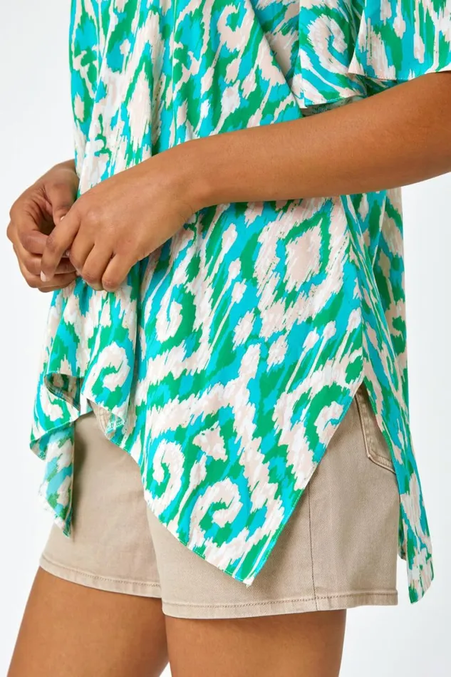 Women Green Aztec VNeck Cold Shoulder Hanky Hem Top Roman Tops