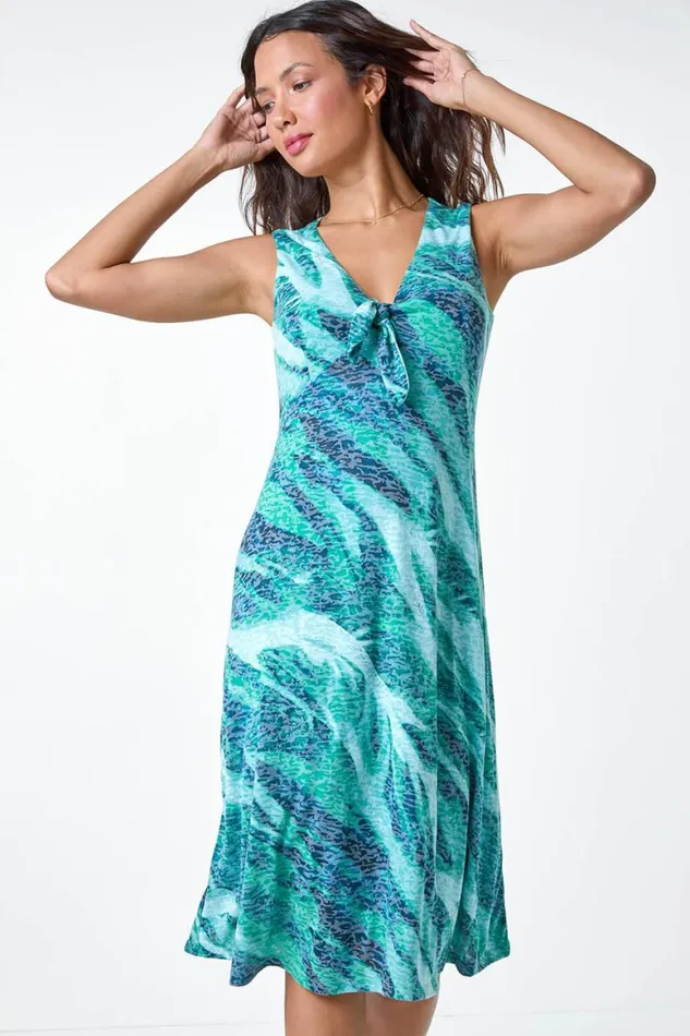 Women Green Burnout Abstract Knot Front Stretch Dress Roman Dresses