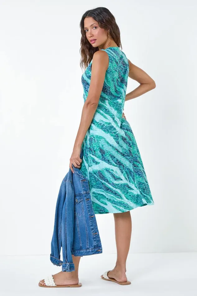 Women Green Burnout Abstract Knot Front Stretch Dress Roman Dresses