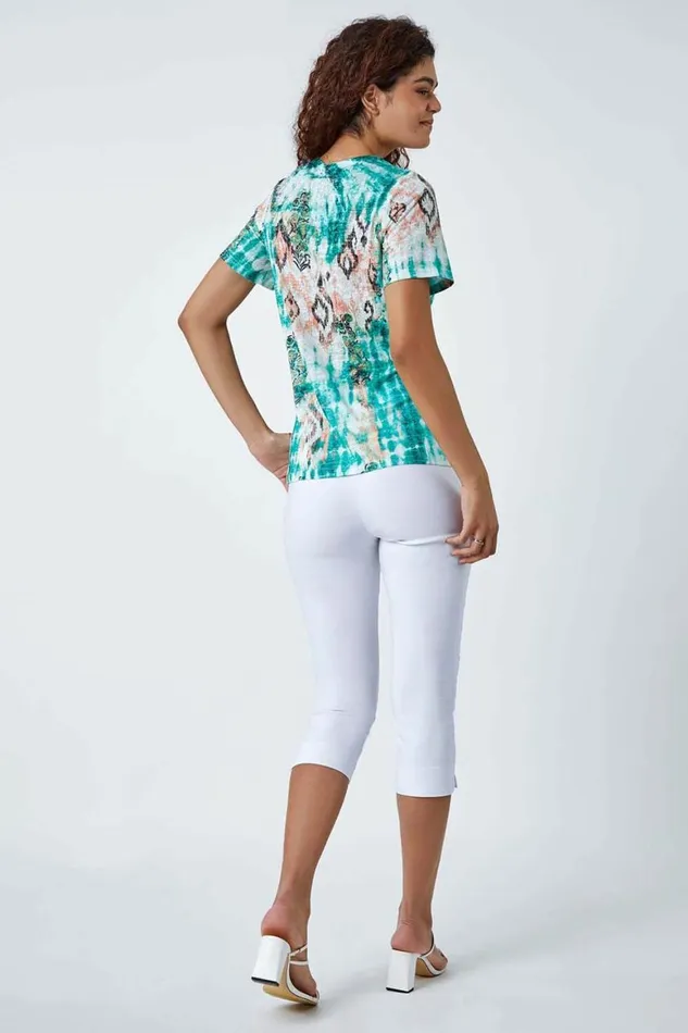 Women Green Burnout Aztec Print Diamante Top Roman Tops