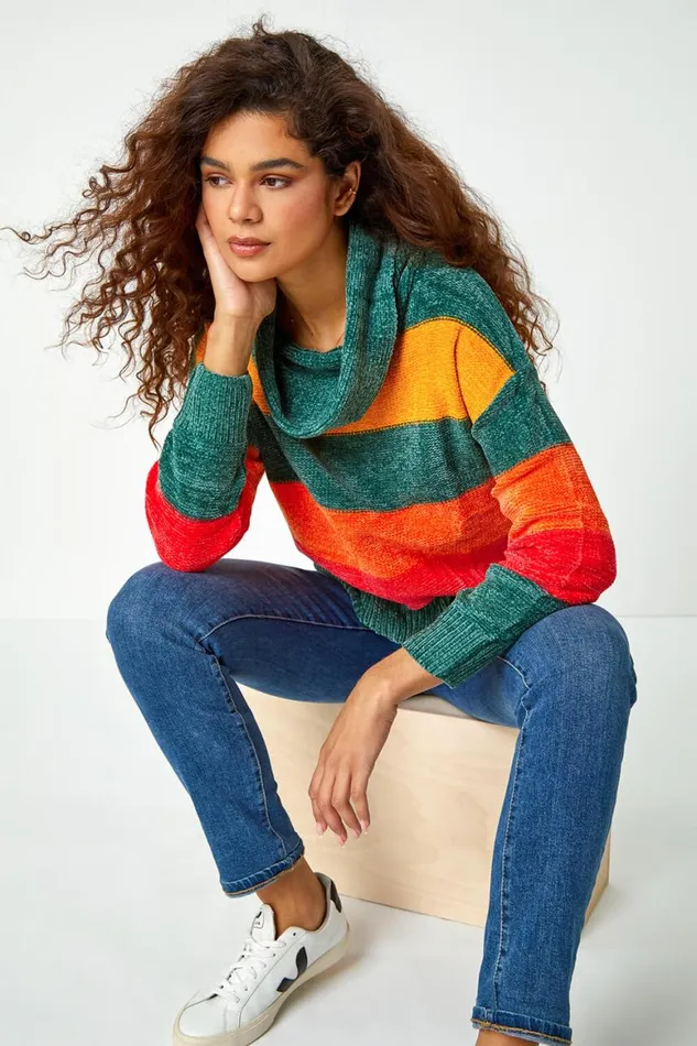 Women Green Chenille Striped Cowl Neck Jumper Roman Knitwear