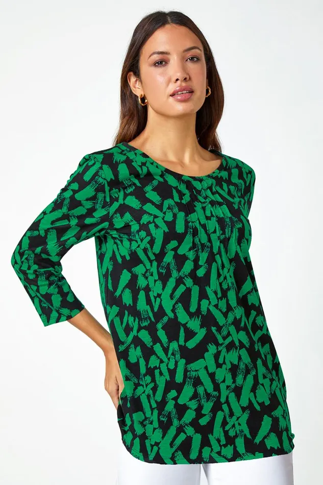Women Green Cotton Abstract Print Pleated Tunic Top Roman Tops