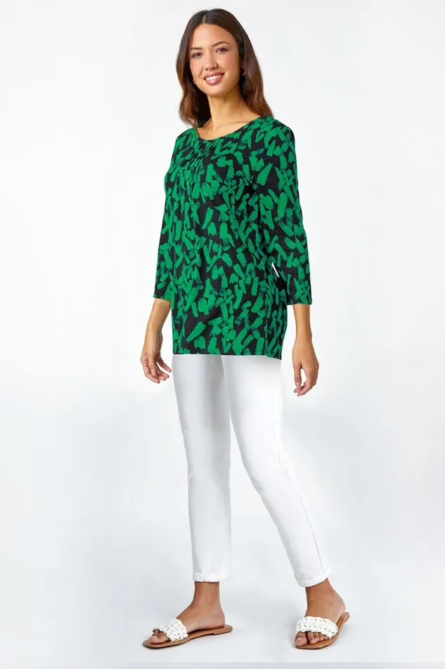 Women Green Cotton Abstract Print Pleated Tunic Top Roman Tops