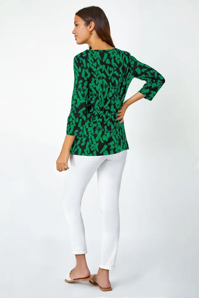 Women Green Cotton Abstract Print Pleated Tunic Top Roman Tops