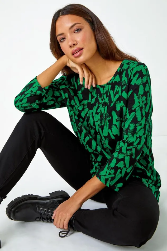 Women Green Cotton Abstract Print Pleated Tunic Top Roman Tops