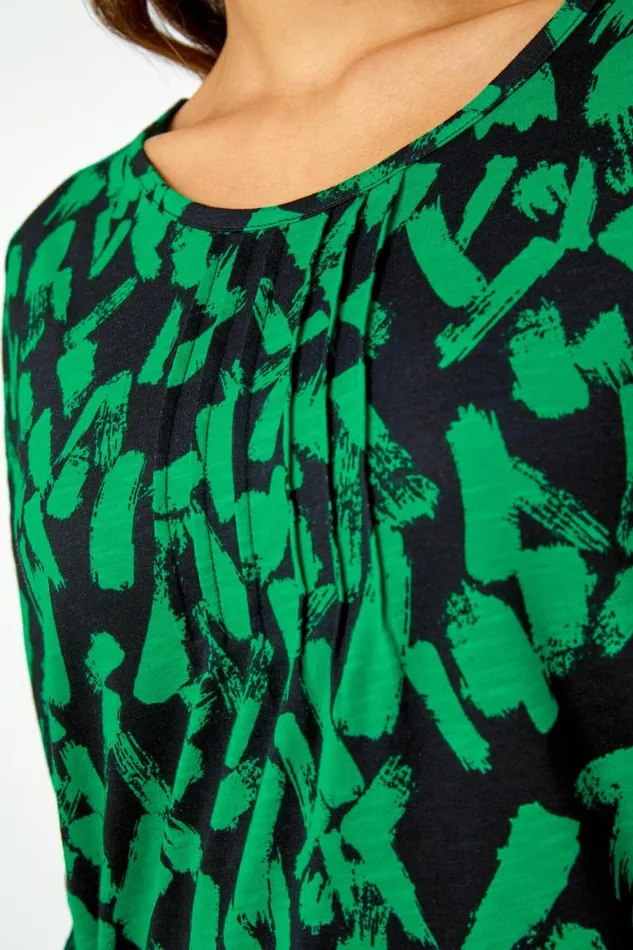 Women Green Cotton Abstract Print Pleated Tunic Top Roman Tops