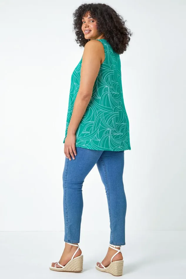Women Green Curve Abstract Swirl Stretch Vest Top Roman Tops