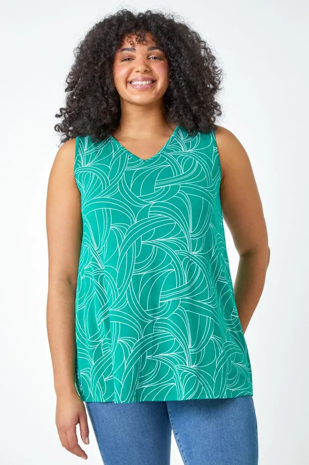 Women Green Curve Abstract Swirl Stretch Vest Top Roman Tops