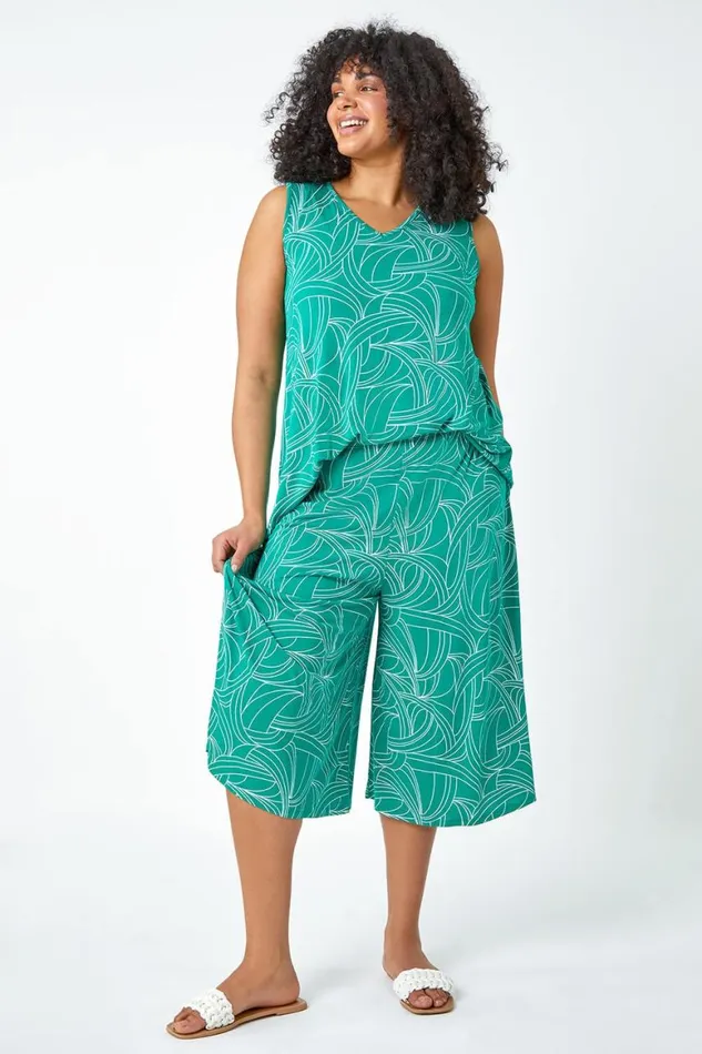 Women Green Curve Abstract Swirl Stretch Vest Top Roman Tops