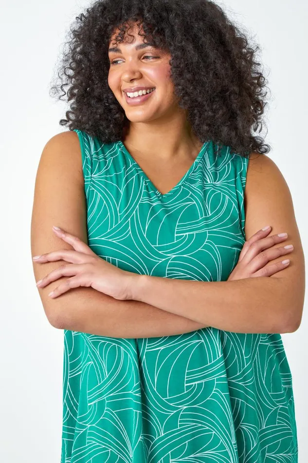 Women Green Curve Abstract Swirl Stretch Vest Top Roman Tops