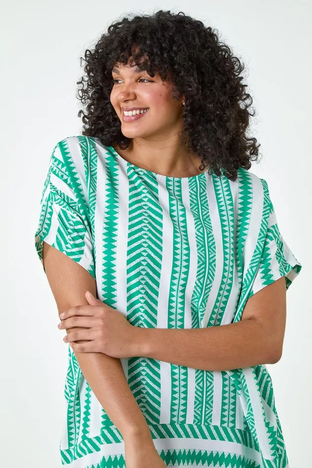 Women Green Curve Aztec Print Border Hem Top Roman Tops