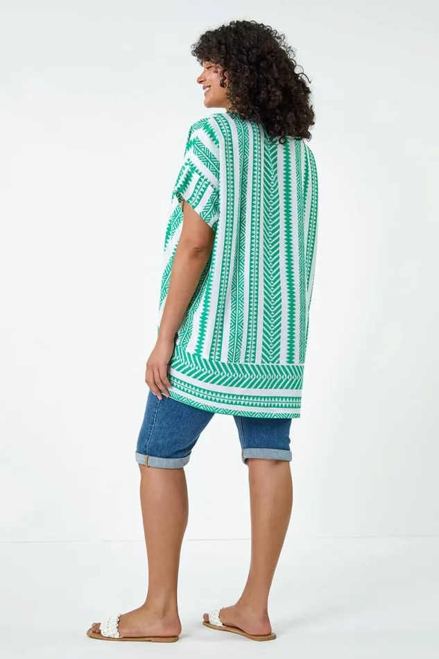 Women Green Curve Aztec Print Border Hem Top Roman Tops