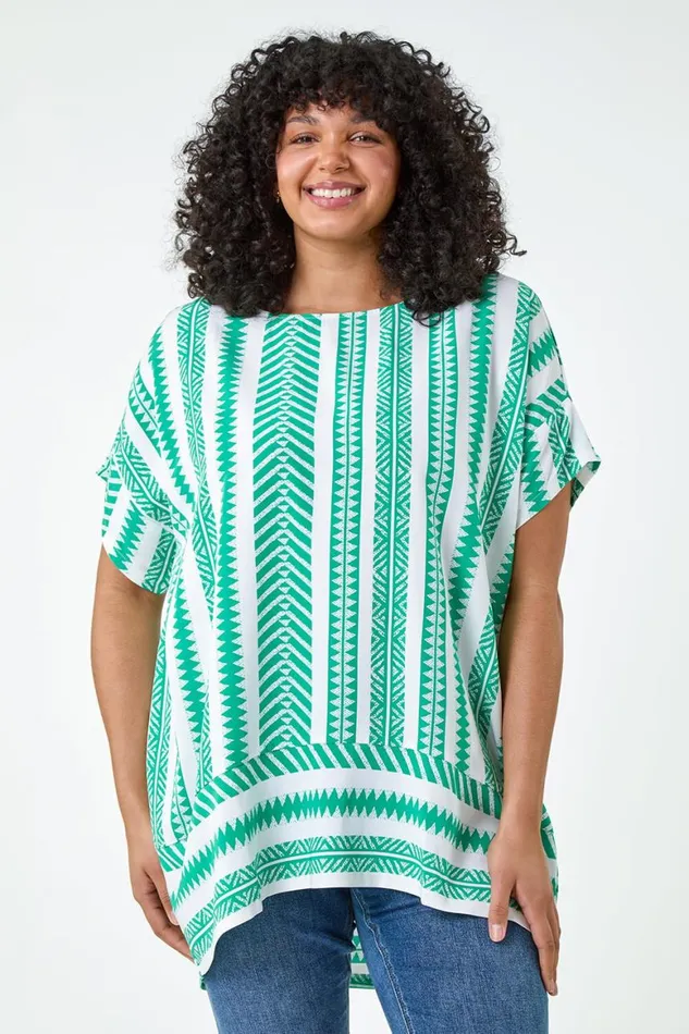 Women Green Curve Aztec Print Border Hem Top Roman Tops