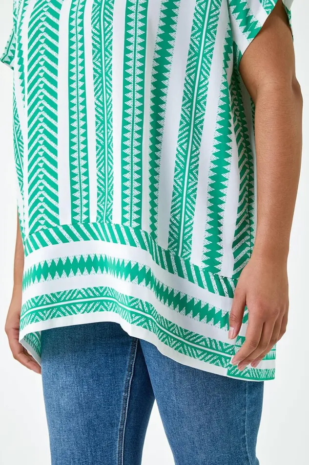 Women Green Curve Aztec Print Border Hem Top Roman Tops