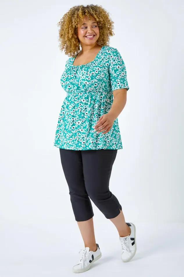 Women Green Curve Floral Print Smock Top Roman Tops