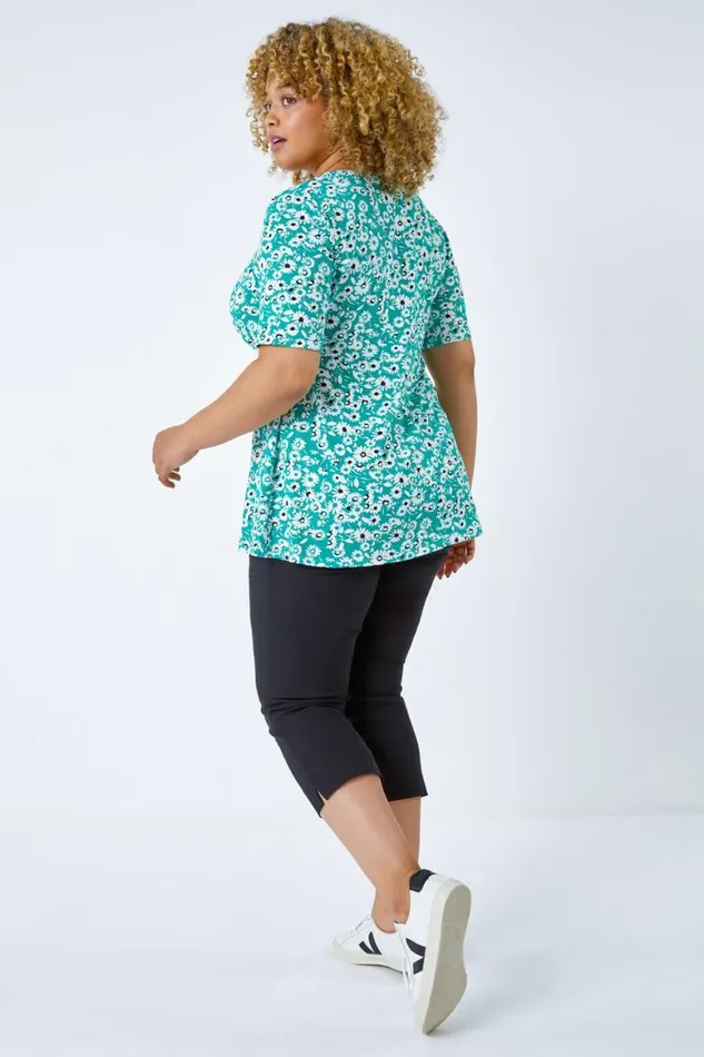 Women Green Curve Floral Print Smock Top Roman Tops