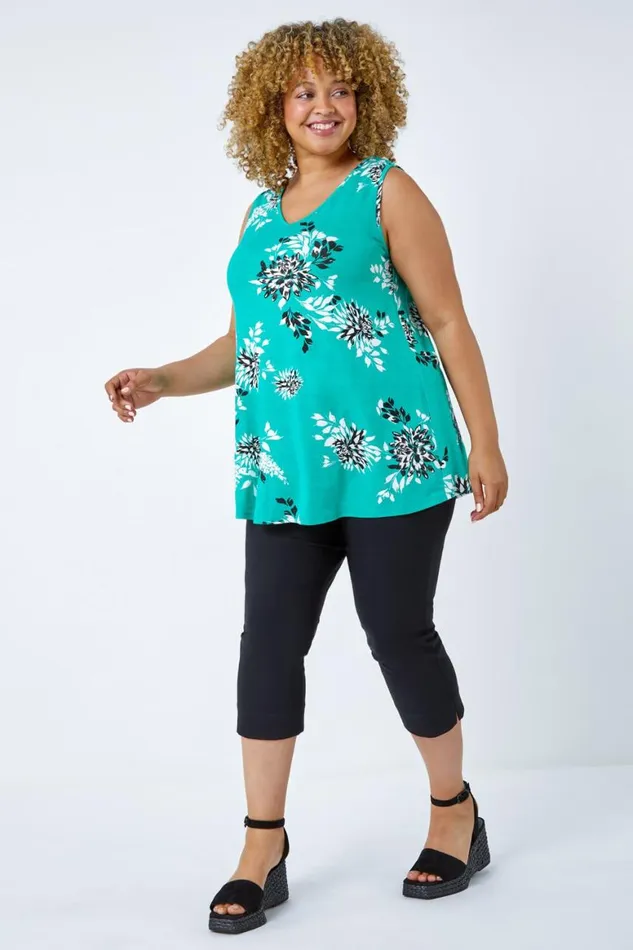 Women Green Curve Floral VNeck Swing Stretch Top Roman Tops
