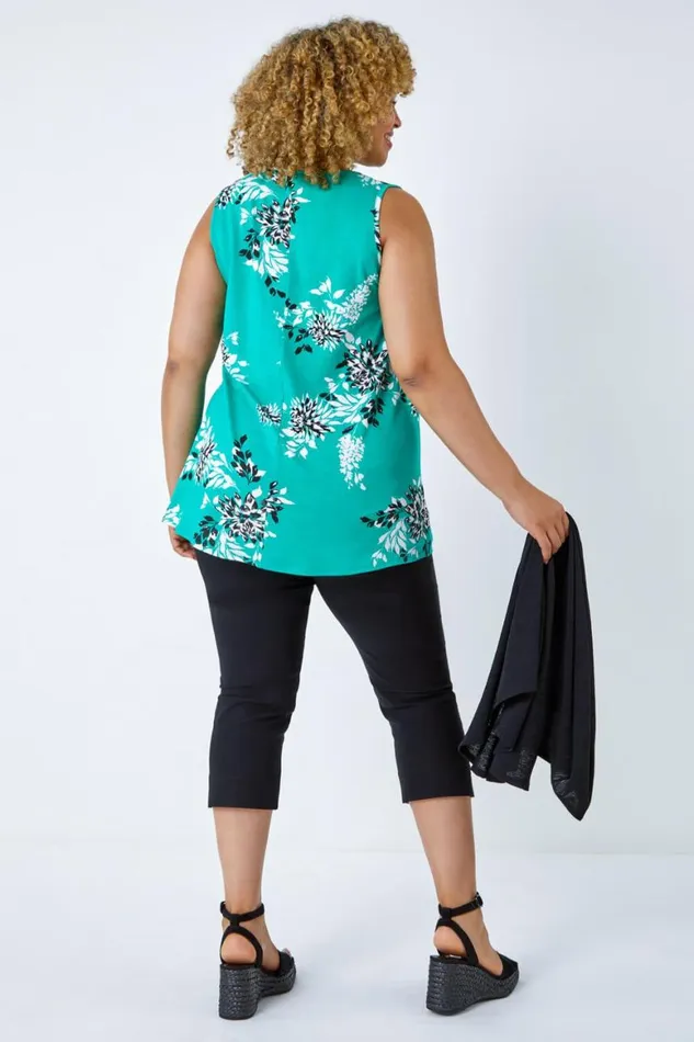Women Green Curve Floral VNeck Swing Stretch Top Roman Tops
