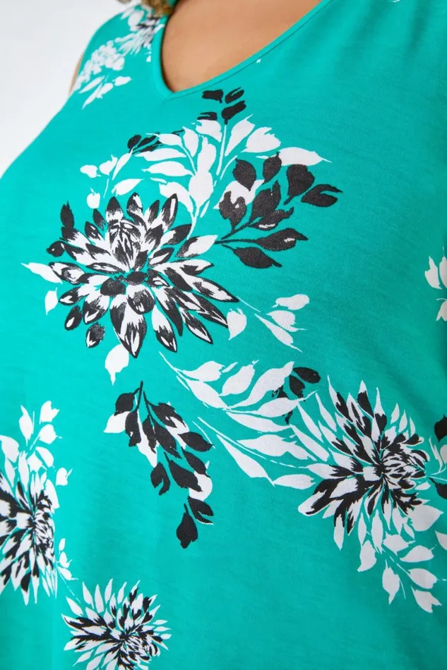 Women Green Curve Floral VNeck Swing Stretch Top Roman Tops