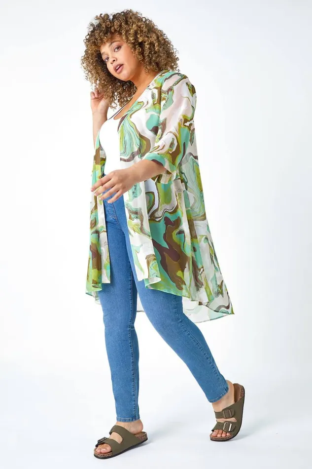 Women Green Curve Swirl Print Dipped Hem Kimono Roman Tops