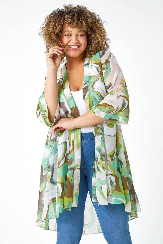 Women Green Curve Swirl Print Dipped Hem Kimono Roman Tops