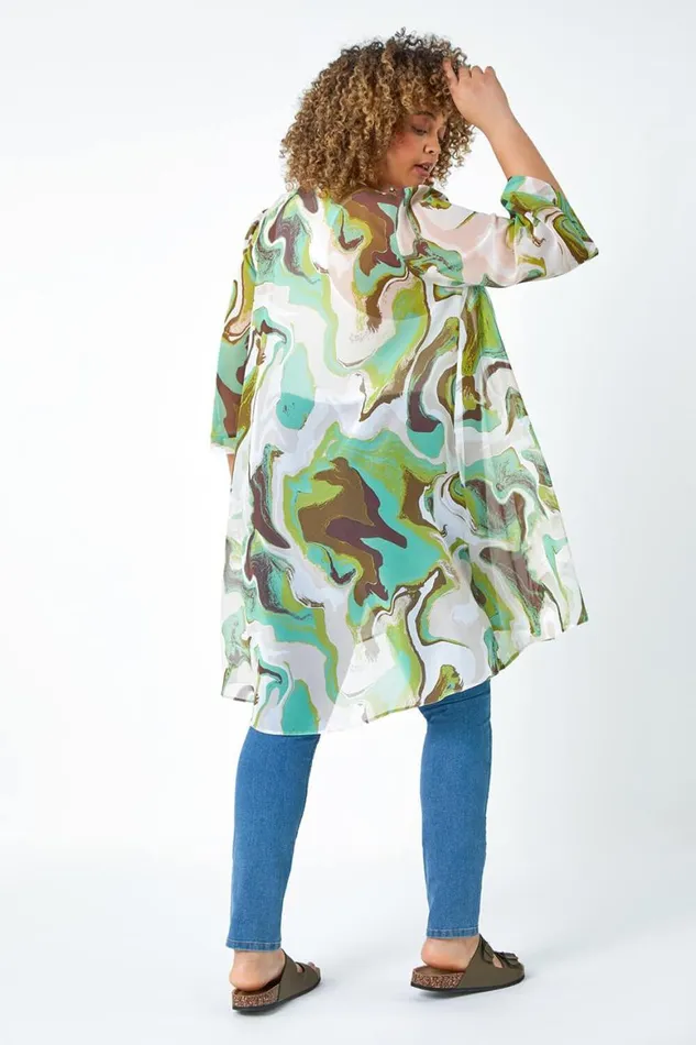Women Green Curve Swirl Print Dipped Hem Kimono Roman Tops