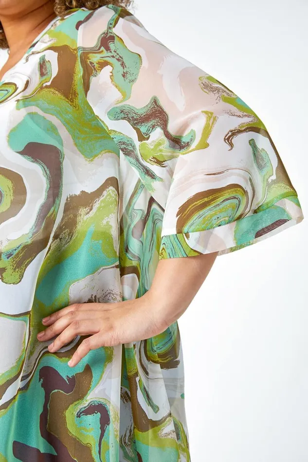 Women Green Curve Swirl Print Dipped Hem Kimono Roman Tops