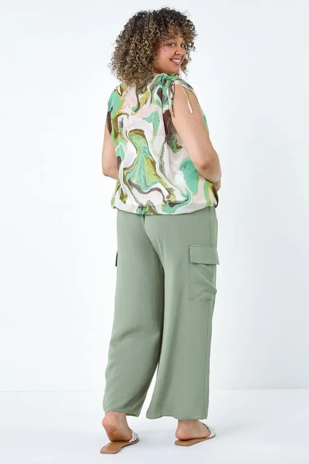 Women Green Curve Swirl Print Overlay Bubble Hem Top Roman Tops