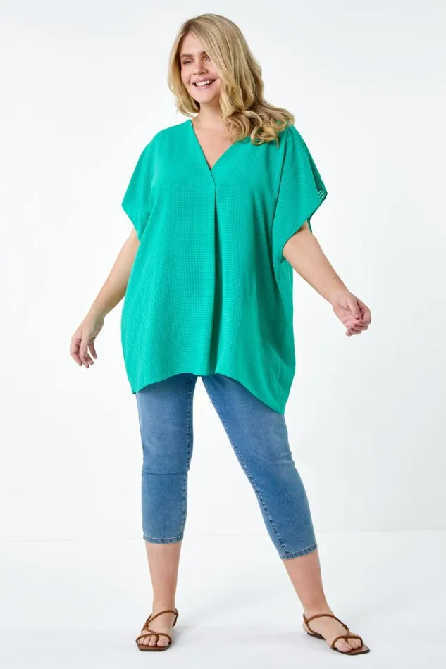 Women Green Curve Textured Plain Pleat Front Top Roman Tops