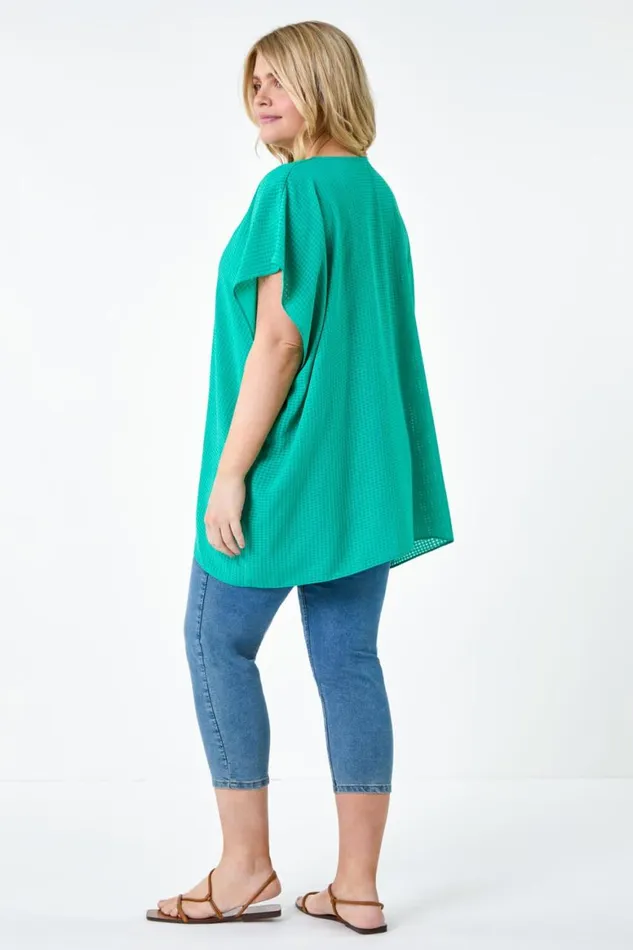 Women Green Curve Textured Plain Pleat Front Top Roman Tops