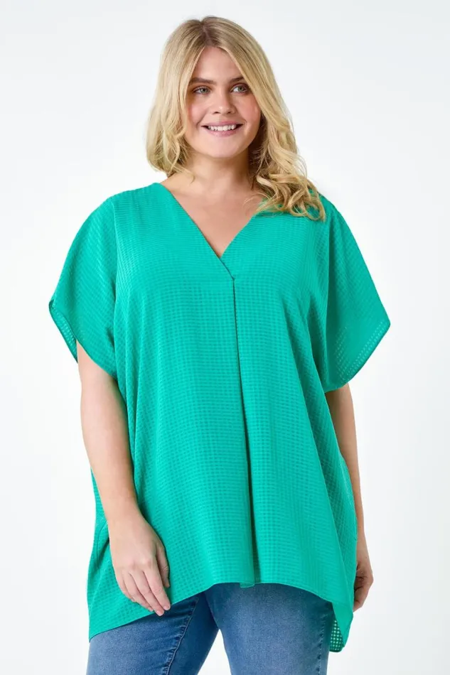 Women Green Curve Textured Plain Pleat Front Top Roman Tops