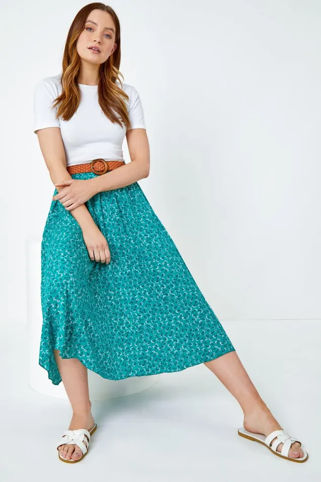 Women Green Ditsy Floral Print Belted Midi Skirt Roman Skirts