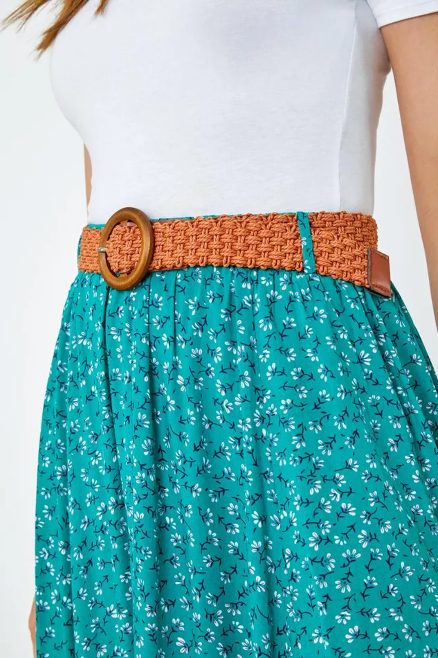 Women Green Ditsy Floral Print Belted Midi Skirt Roman Skirts